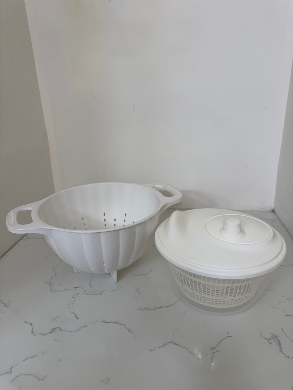 White IKEA Plastic Salad Spinner and KitchenAid Colander Set